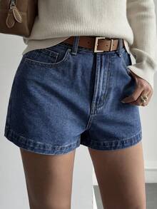 Livesso Quần short denim nữ màu trơn kiểu retro thường ngày. - Rửa trung bình - Xem 6