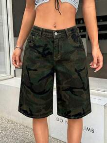 SHEIN PETITE 女款性感低腰迷彩牛仔短褲，百慕達短褲，適合嬌小女性 - 軍綠色 - 查看 3