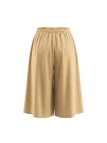 Xyvia 女士卡其色纯色顺滑面料轻盈抽绳腰超宽松长裤，带侧袋，休闲度假风，适合情人节、劳动节、复活节、旅行、街头穿搭、西式风格、春季短裤、春季七分裤、夏季短裤、夏季七分裤，新款春夏必备时尚小众设计百搭宽松七分短裤 - 卡其色 - 查看 3