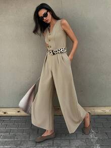 Livesso Sleeveless V-Neck Solid Color Jumpsuit, Elegant Office Wear For Spring Romper - Khaki - View 6