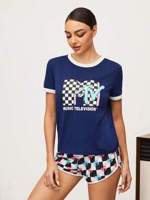 MTV | SHEIN Women's Letter & Checkerboard Print Contrast Trim Round Neck Short Sleeve Top And Shorts Pajama Set - Navy Blue - View 4