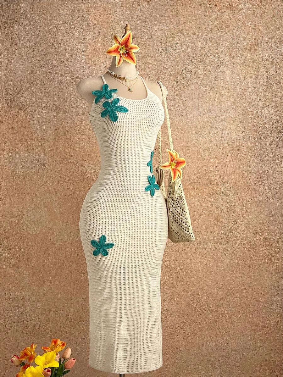Elamini Women's White Sweater Dress, Sexy Beach Vacation Style With Blue Floral Long Dress, Summer - White - View 1
