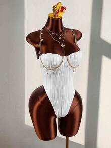 Amplova 一件式女士纹理波浪条纹贝壳泳衣，性感时尚，适合度假穿着，女士度假装扮，优雅女士沙滩泳衣 - 彩色 - 查看 3