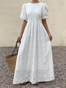 Livesso 春季蕾丝伴娘婚礼宾客白色棉质拼接花瓣袖系带露背中长连衣裙 - 白色 - 查看 5