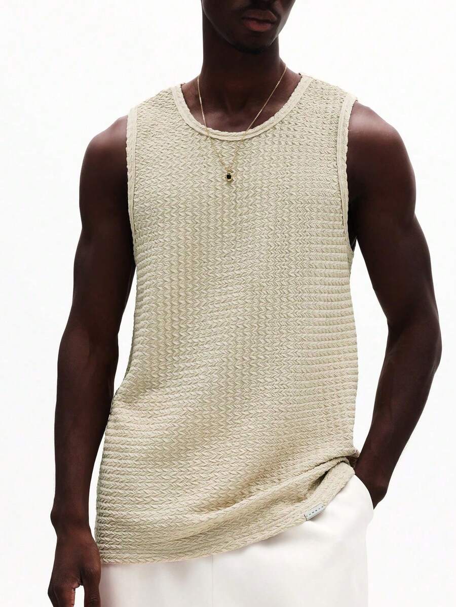 SUMWON 男士无袖纹理针织背心 圆领 休闲 夏季度假 沙滩 轻薄 日常必备 基本款 纯色 - 卡其色 - 查看 1