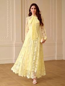 ZEYLAH Elegant Romantic Bow Decor A-Line Loose Long Dress, Spring/Summer - Light Yellow - View 5