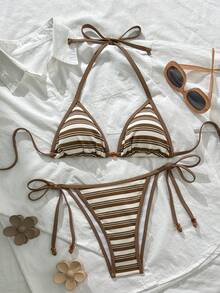 Swim Mod Women's Short Halter Neck Bikini With Tie Side Bottoms Striped Fabric Swimwear Lace Up Details - Multicolor - View 3