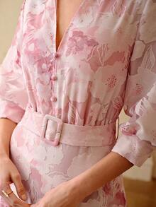 ZEYLAH Jacquard Jacquard Cinched Waist Collared Long Dress, Elegant, Spring/Summer - Pink - View 2