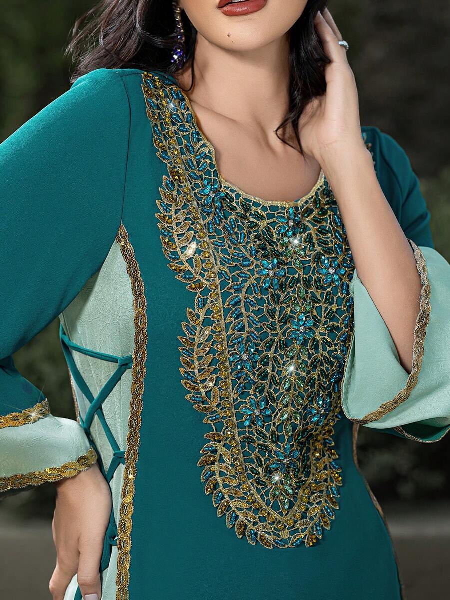 Layrah Chiffon Contrast Color Handmade Rhinestone Decorated Arabian Robe With Headscarf Formal Elegant Party Uxury Evening Dresses Wedding Party Dress Turquoise Teal Dresses For Women