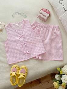 SHEIN Vintaside Kids 2件套女童无袖条纹编织背心，蝴蝶结装饰，松紧腰宽松休闲短裤，夏季 - 粉色 - 查看 3