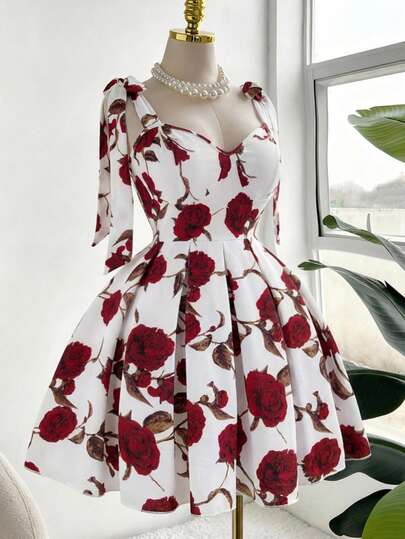 Sweetra Plus Size Women's Irregular Floral Print Elastic Fabric Dress, Backless Tie-Waist Adjustable Bow, Elegant Date Night, Valentine's Day, Christmas, Suitable For Sisterly Gatherings, Festivals, Daily Commute