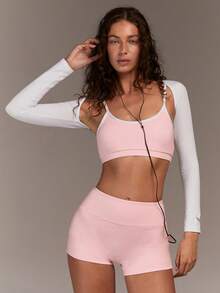 Menodora SHEIN Sport 透气轻盈女士时尚纯色百搭长袖披肩上衣，吸汗速干面料，适合瑜伽、健身房锻炼、夏季假期、情人节、休闲场合、女士运动服，粉色健身，粉色瑜伽 - 白色 - 查看 1