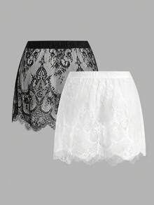 SHEIN EZwear 加大码黑白蕾丝两件套半身裙套装，春夏款 - 黑與白 - 查看 5