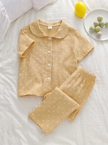 2pcs/Set Young Girl' Polka Dot Print Cute Peter Pan Collar Short Sleeve Cardigan And Casual Pants Homewear Set Yellow Pajama Set Kids Collar Neck Unisex Long Pajama Sets Cotton Summer Sleep Wear Sets Pajamas Set Two Piece - Yellow - View 3