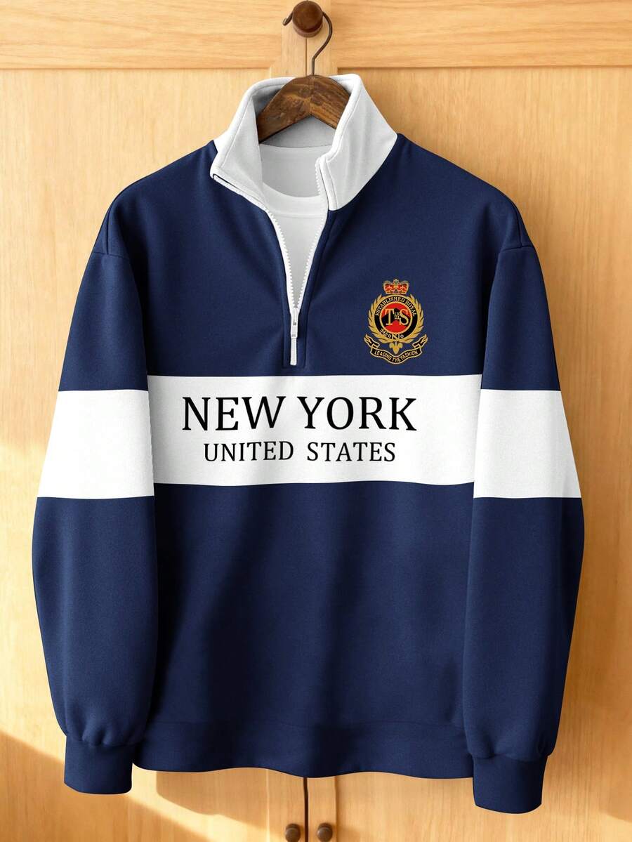 Aesthetic Post Retro Rugby Shirt Men Clothes Half-Zip Pullover Sweatshirt New York City Graphic Pullover Sweatshirt Contrast Color Collar Pullover Sweatshirt For Men Men's Quarter Zip Half Zip Sweatshirt Men Sporty Sweater Men Spring To Summer Tops For Women Shirts For Woman Men Clothes Shirts For Women Oversized T Shirt - Multicolor - View 1