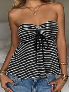 CovetEZ Black & White Striped Knit Ruched Bandeau Top, Summer - Black and White - View 6