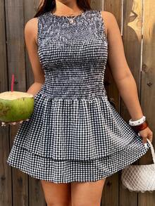 Sunnyshic Đầm mini dáng ôm không tay, kiểu dáng cổ điển lãng mạn dành cho nữ cỡ lớn, thiết kế viền hai lớp, chất liệu kẻ caro có họa tiết, thích hợp cho kỳ nghỉ, du lịch vùng quê và mặc vào mùa xuân/hè. - Nhiều màu - Xem 4