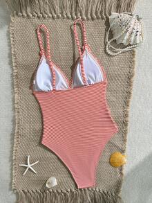 Swim Mod New Striped Ruffle Strap One-Piece Swimsuit For Women, Summer - Red - View 3