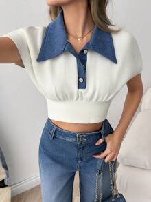 SHEIN Polo Denim Neck Short Sleeve Tshirt Sweater Top - Apricot - View 4