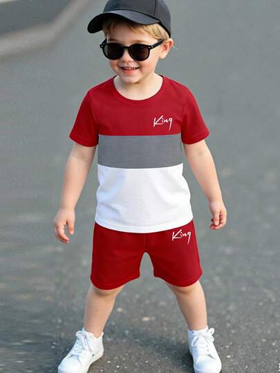 SHEIN Streecool Kids 2pcs/Set Toddler Boys' Casual Creative Graphic Letter Print Patchwork T-Shirt And Shorts Set, Comfortable Daily Wear, Spring/Summer/Autumn