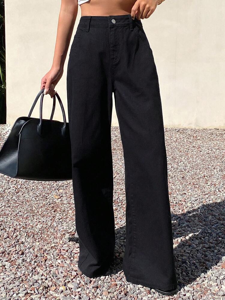 Women's Casual Versatile Solid Color Wide Leg Jeans
