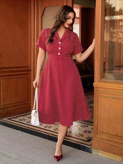 EMERY ROSE Plus Size Vintage Polka Dot Vacation Dress