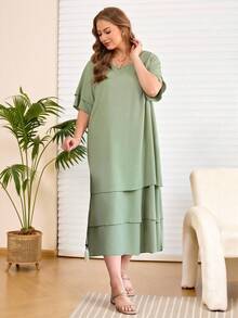 Rosumi Đầm casual cỡ lớn, màu trắng, cổ tròn, không cài cúc, vạt bất đối xứng, kiểu bohemian, thích hợp cho mùa xuân/hè. - Màu xanh Bạc hà - Xem 5
