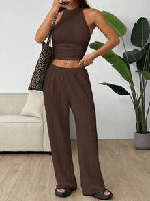 SHEIN EZwear Women's Solid Color Cropped Halter Neck Tank Top And Wide Leg Pants Casual Suit Tall Two Piece Set Brown Ribbed Comfortable - Brown - View 7