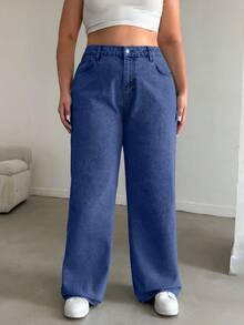 EURMUSE 100%Cotton HIGH RISE STRAIGHT CUT PLUS SZIE WOMEN JEAN - Dusty Blue - View 1