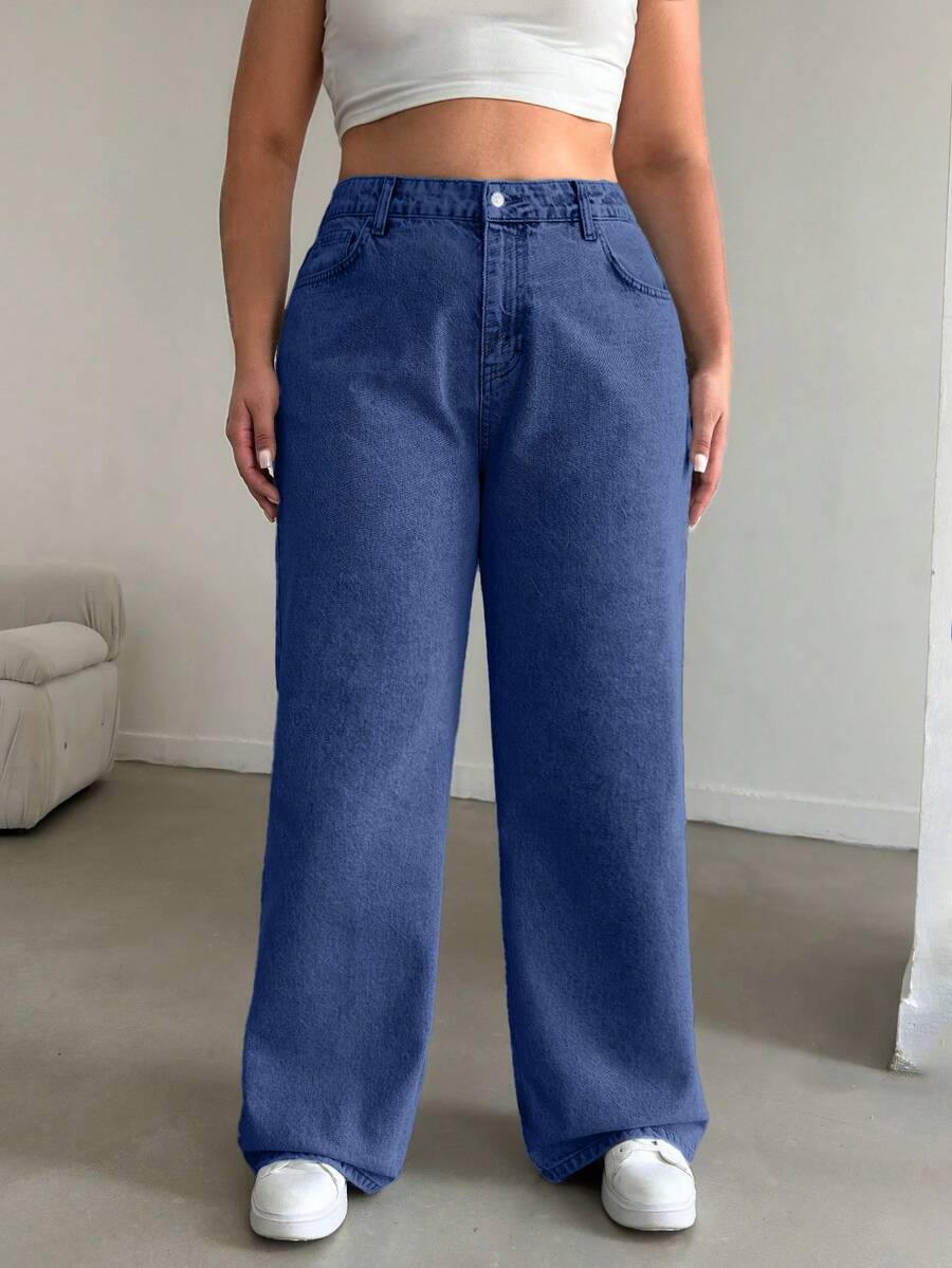 EURMUSE 100%Cotton HIGH RISE STRAIGHT CUT PLUS SZIE WOMEN JEAN - Dusty Blue - View 1