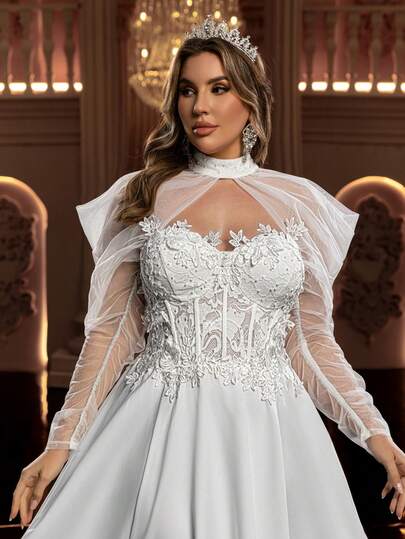 Glamrae Plus Size Elegant Romantic Palace Style White Long Sleeve Sheer Off-Shoulder Sweetheart Neckline Applique Fishbone Decor French Lace Patchwork A-Line Wedding Dress