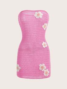 Olithes Women's Sexy & Sweet Hollow Out 3D Floral Knitted Camisole Dress - Pink - View 1