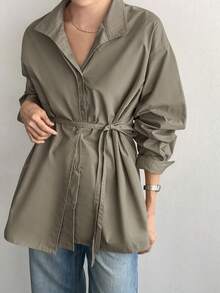 Dazy-Less Loose Business Casual Long Sleeve Shirt For Women, With Drawstring Waist Design, Suitable For Office, Commuting, Spring/Summer/Autumn - Dark Grey - View 3