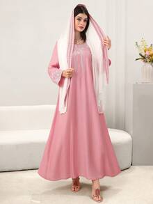 Yasmyna Elegant Geometric Embroidered Pink Abaya With Headscarf