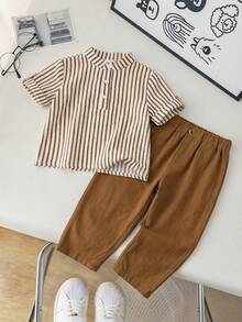 SHEIN Baby Boys Everyday Casual Co-Ord Set With Striped Stand Collar Short Sleeve Shirt And Long Pants Button Front Multicolored Polyester Outfit - Multicolor - View 3