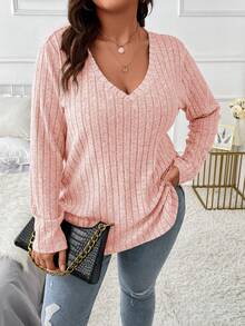 EMERY ROSE 大码女式纯色罗纹针织 V 领宽松长袖休闲 T 恤 - 粉色 - 查看 2