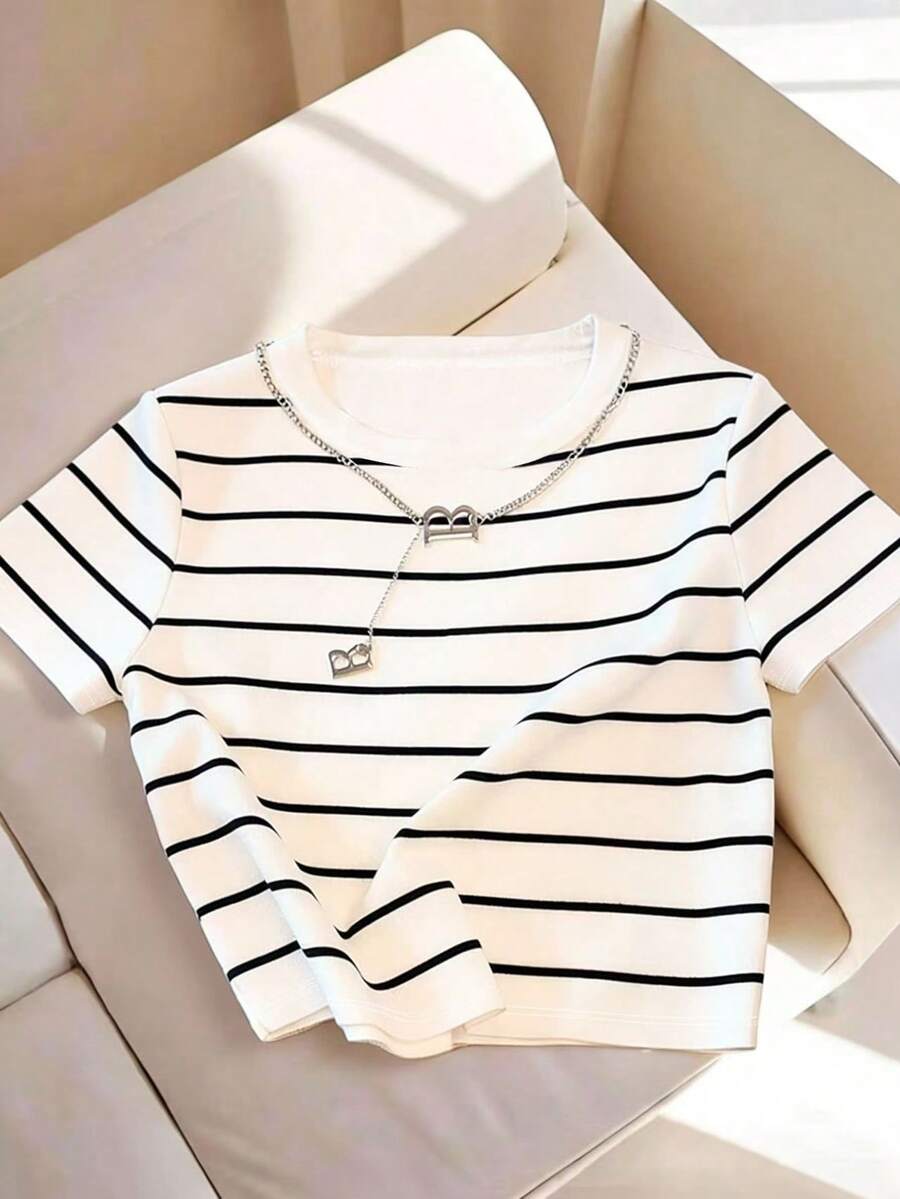 SHEIN 女士春夏新款畅销条纹印花百搭修身休闲T恤 - 彩色 - 查看 1