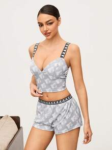 MTV | SHEIN 女士字母图案撞色滚边吊带背心和短裤睡衣套装 - 淺灰色 - 查看 4
