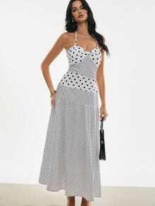 Poéselle 夏季优雅波点拼接扭结露背吊带连衣裙 - 黑與白 - 查看 4