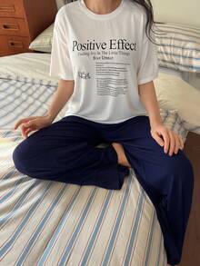 DAZY Women's Casual Letter Print Loose Fit T-Shirt And Pants Pajama Set - Apricot - View 4