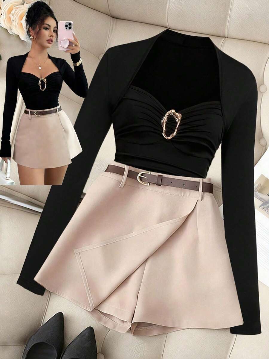 GlowEve New Elegant French Style Fashion Suit, Pleated Square Neck Flattering Bust, Slim Fit Long Sleeve T-Shirt + Elastic Waist Asymmetric Hem Skort, Casual Sexy Versatile Women 2-Piece Set - Multicolor - View 1