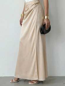 Firerie Women's Satin Pleated Low Waist Wrap Maxi Skirt, Satin Midi Skirt, Bodycon Fishtail Hem Skirt, Elegant Office & Casual Wear Skirt, Spring/Autumn/Winter - Apricot - View 4