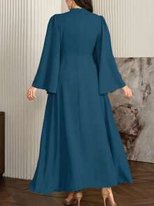 Modelyn Plus Size Women Elegant Long Dress With Collar And Flowy Scarf, Deep Red - Blue - View 2