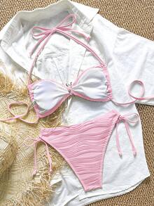 Swim Mod Conjunto de Maiô Bikini Halter com Fitas Laterais, Fivela de Metal e Tecido Texturizado Swim Chiccia, Praia de Verão - Rosa chiclete - Visão 2