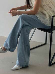 DAZY Women's Straight Leg Pearl Embellished Jeans, Stylish Wide Leg Dragging Jeans - Light Wash - View 11