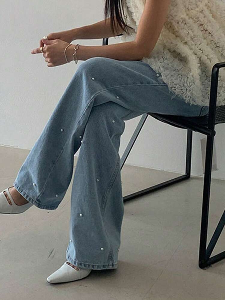 Women's Waist Design Pearl Decor Casual Loose Straight Leg Jeans