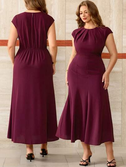 Roveilla Plus Size Women's Solid Color Round Neck Pleated Waist A-Line Short Sleeve Adjustable Waist Chestnut Long Dress, Elegant French Retro Formal Office Commute Business Casual Holiday Afternoon Tea Street Style Simple Versatile Vintage Australian Leisure Home Party Valentine's Date Spring Summer New