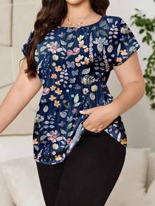 Reflora Plus Size Women's Floral Print Casual Solid Color Batwing Sleeve Shirred Waist Blouse, Summer Spring Spring - White - View 1