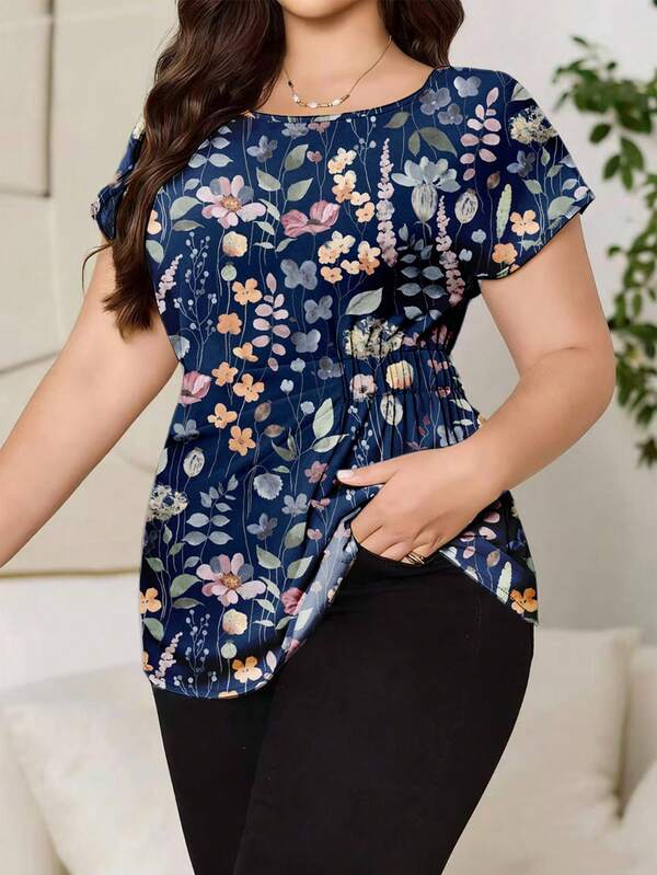 Reflora Plus Size Women's Floral Print Casual Solid Color Batwing Sleeve Shirred Waist Blouse, Summer Spring