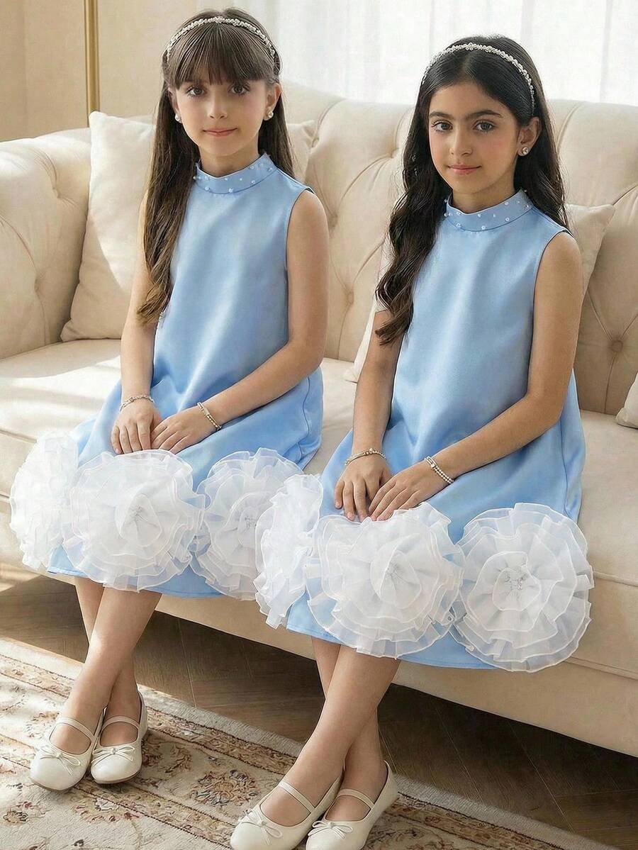 SHEIN 青少年女孩寬鬆優雅小立領無袖3D花朵裝飾中長洋裝 - 藍色 - 查看 1